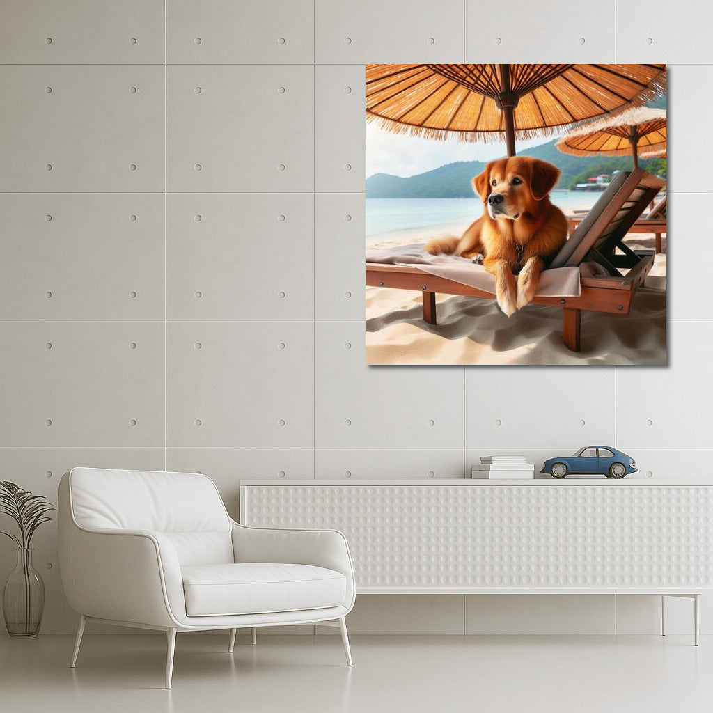 Beach Relax: Dog on a Sunbed under an Umbrella