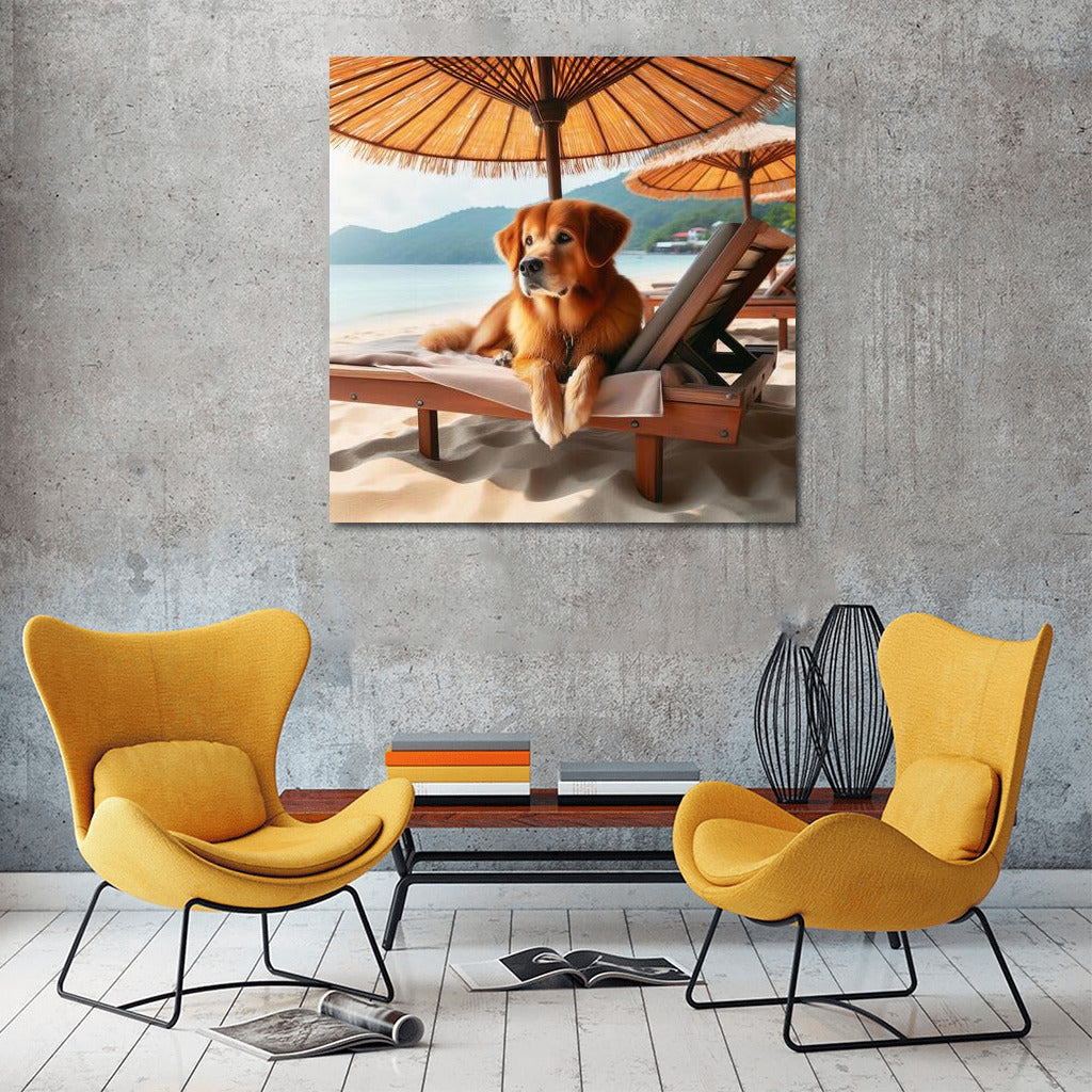 Beach Relax: Dog on a Sunbed under an Umbrella