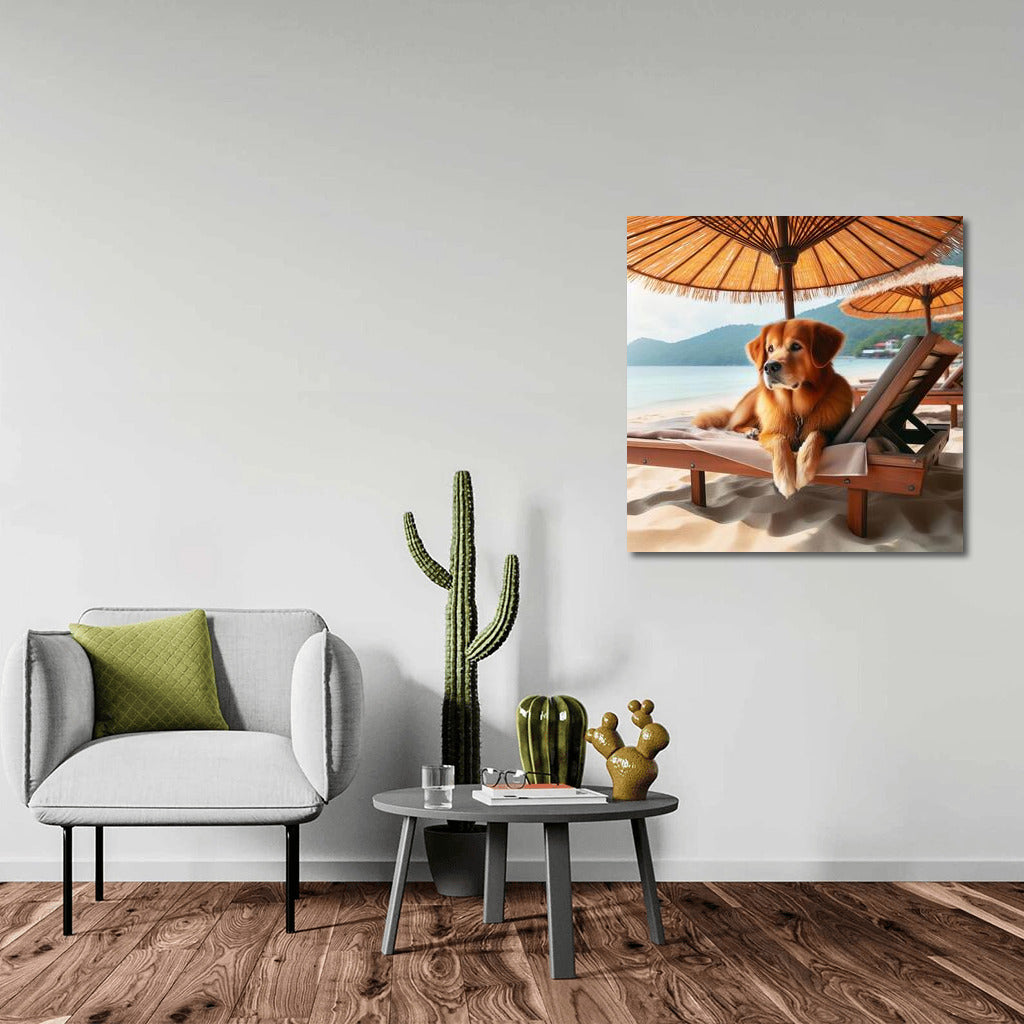 Beach Relax: Dog on a Sunbed under an Umbrella