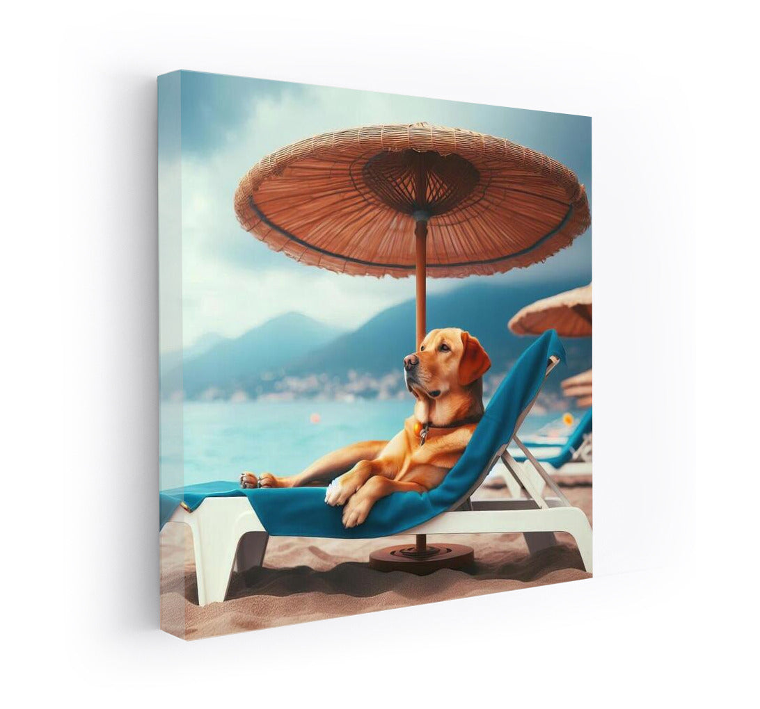 Summer Doggie on the Beach: Dog on a Sunbed under an Umbrella