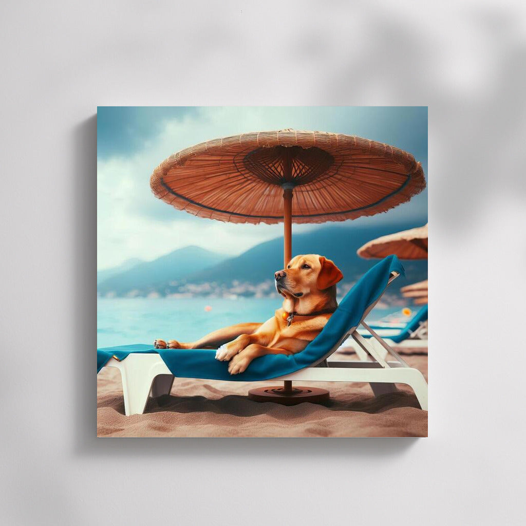 Summer Doggie on the Beach: Dog on a Sunbed under an Umbrella