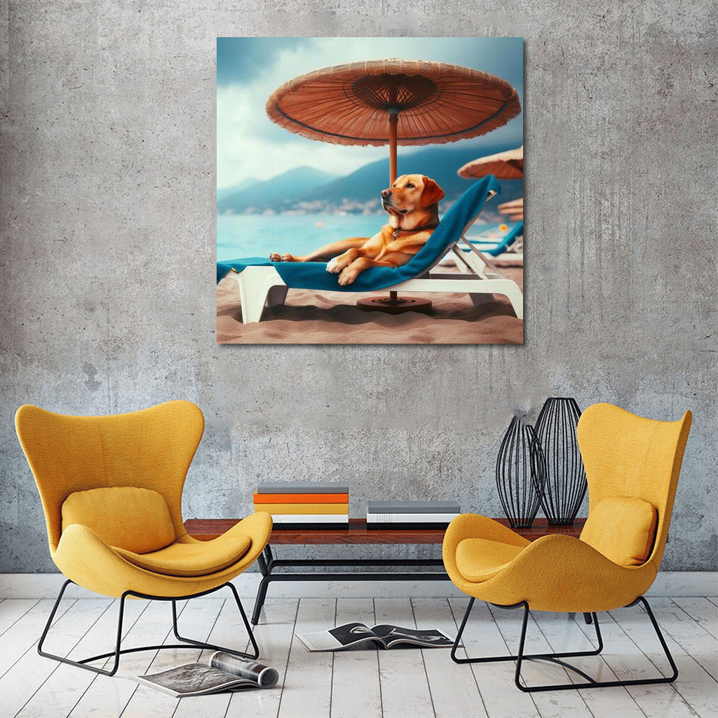 Summer Doggie on the Beach: Dog on a Sunbed under an Umbrella