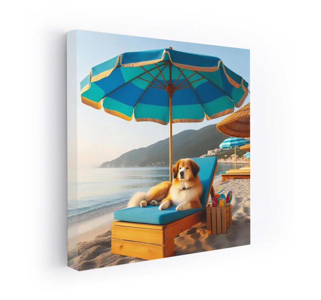Summer Relaxation: Dog on the Beach under an Umbrella
