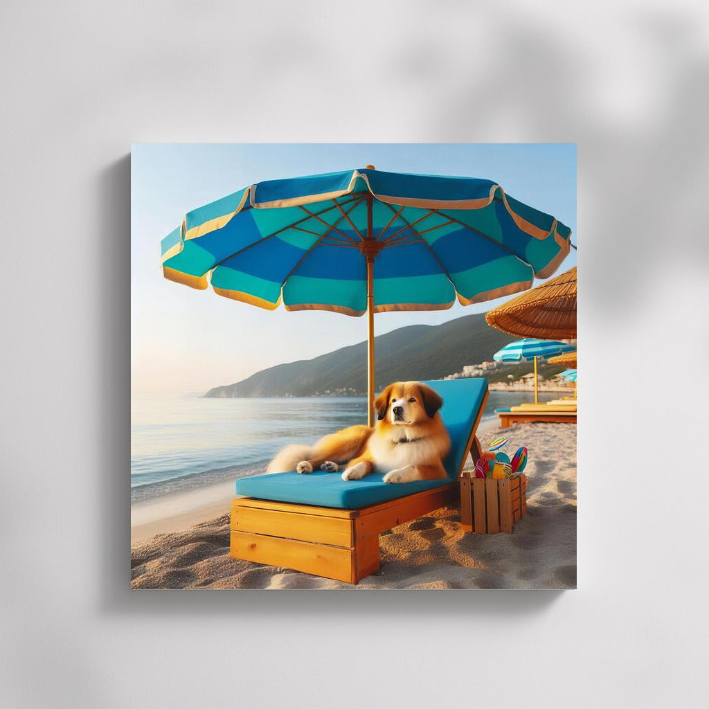 Summer Relaxation: Dog on the Beach under an Umbrella