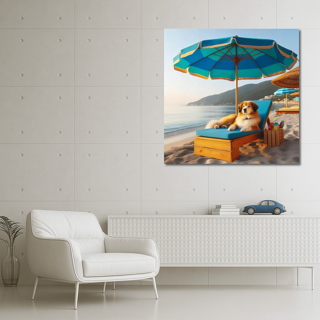 Summer Relaxation: Dog on the Beach under an Umbrella