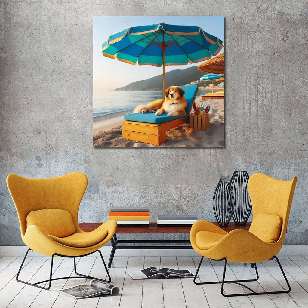 Summer Relaxation: Dog on the Beach under an Umbrella