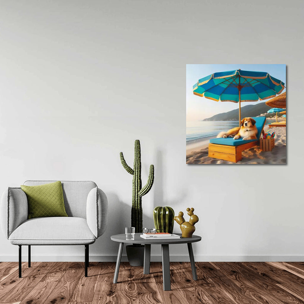 Summer Relaxation: Dog on the Beach under an Umbrella