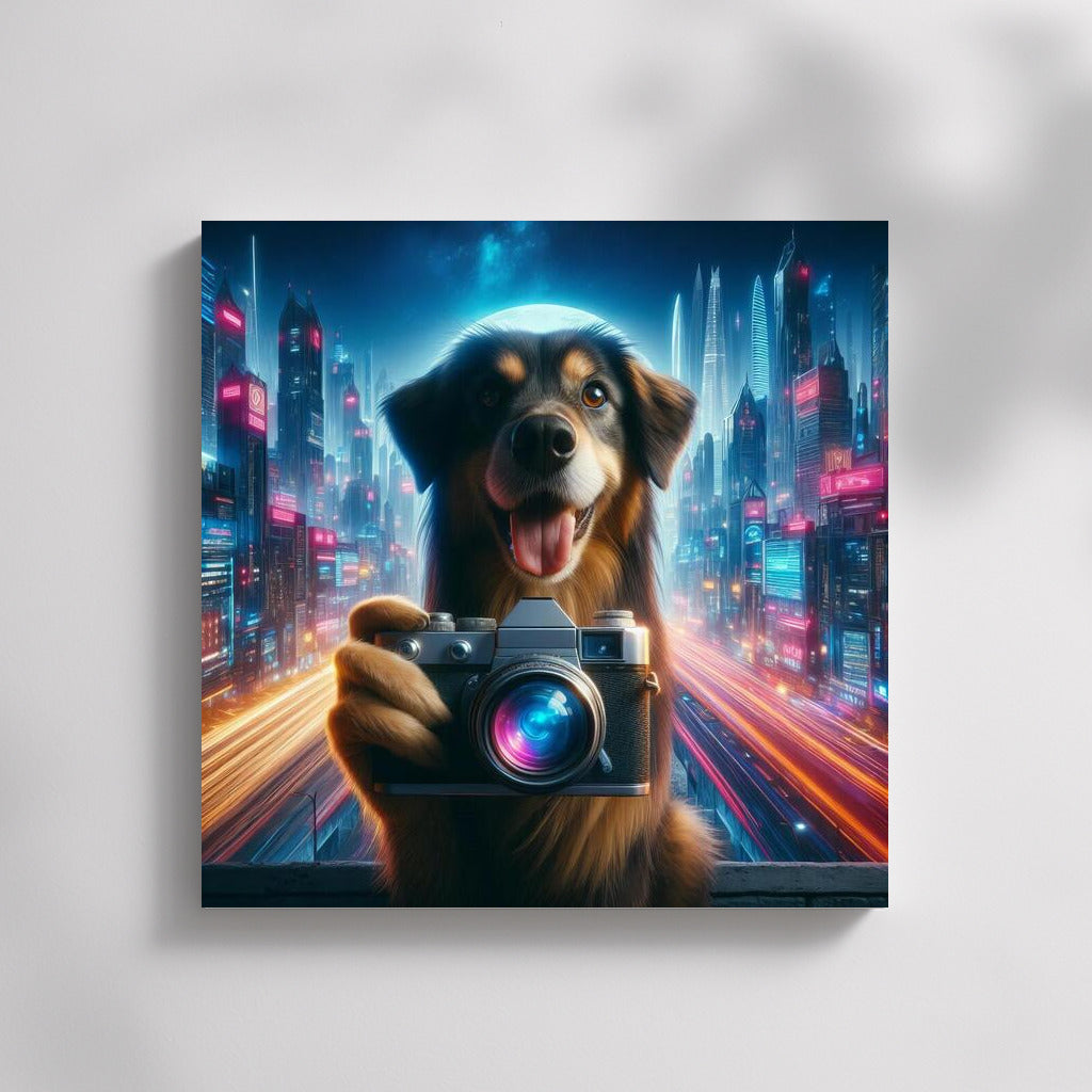 Bulldog Taking Pictures in Future City: A Futuristic Look