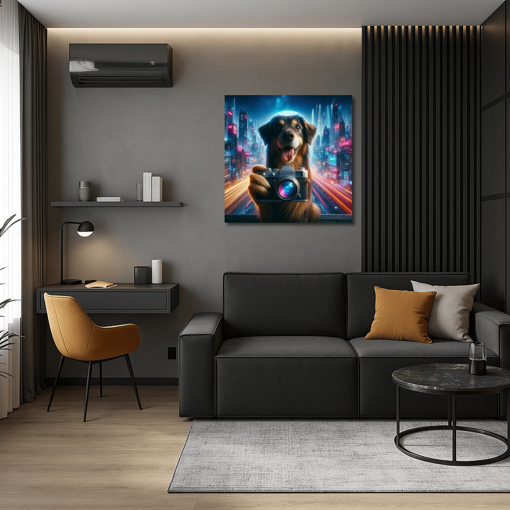 Bulldog Taking Pictures in Future City: A Futuristic Look
