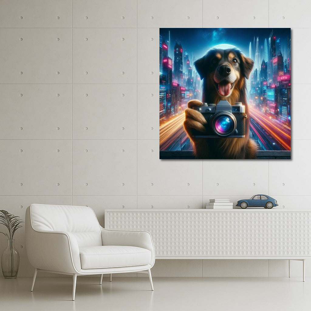 Bulldog Taking Pictures in Future City: A Futuristic Look