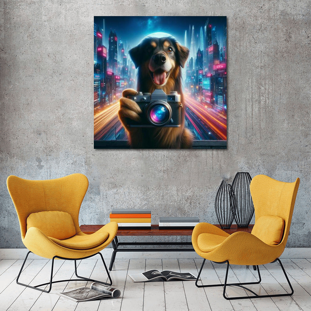 Bulldog Taking Pictures in Future City: A Futuristic Look