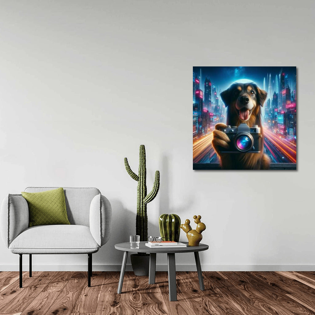 Bulldog Taking Pictures in Future City: A Futuristic Look