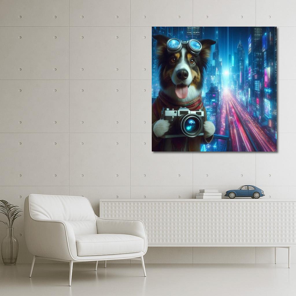 Neon Metropolis: Photographer Dog in the City of the Future