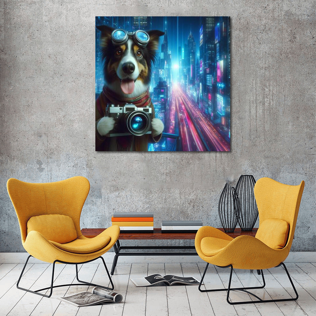 Neon Metropolis: Photographer Dog in the City of the Future