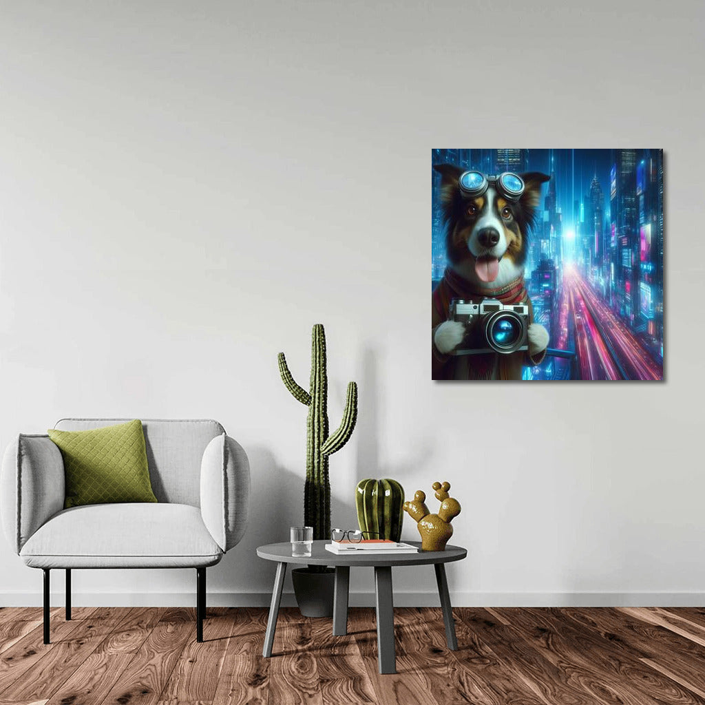 Neon Metropolis: Photographer Dog in the City of the Future