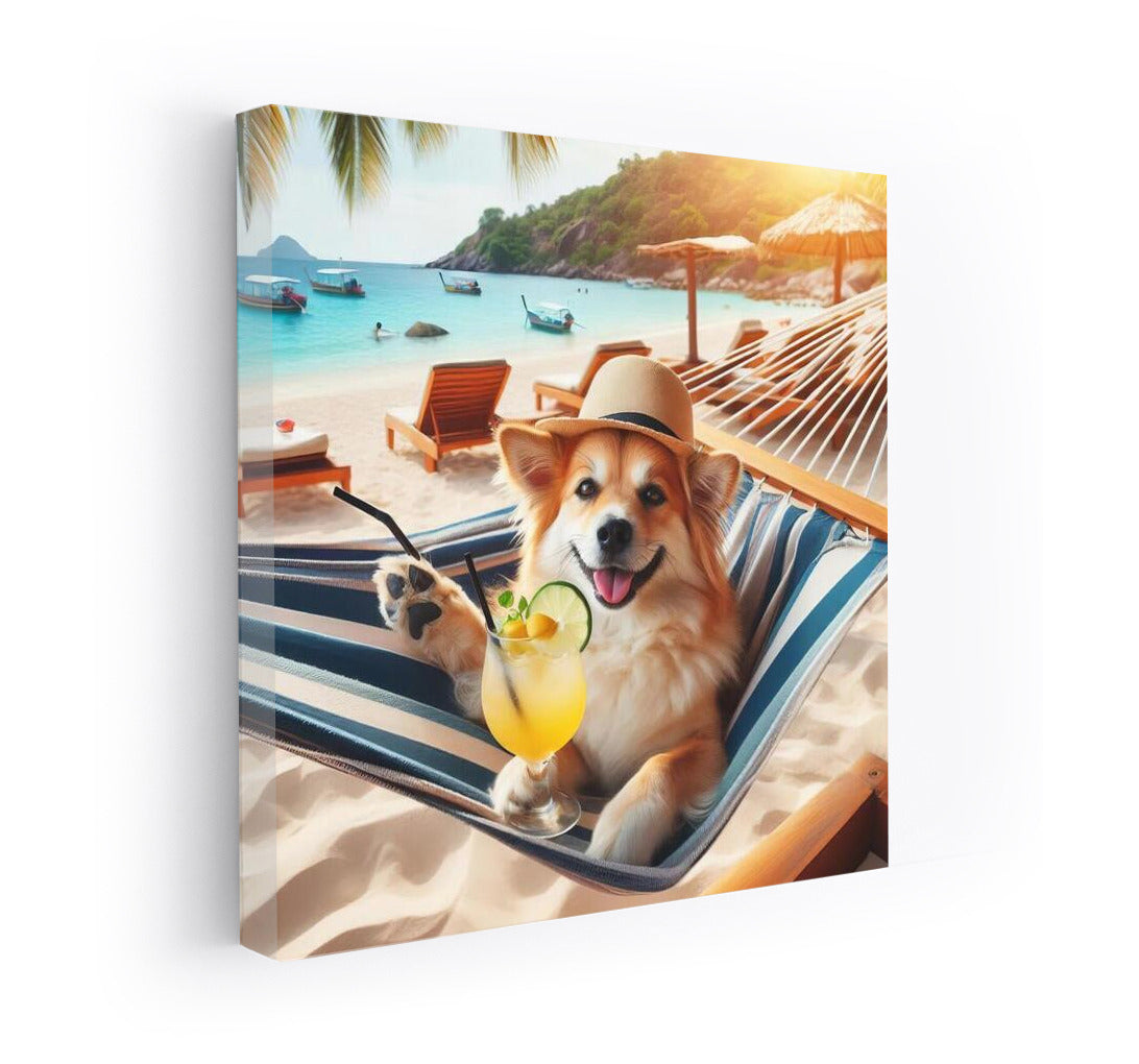 Beach Relax: Dog in a Hammock with a Cocktail