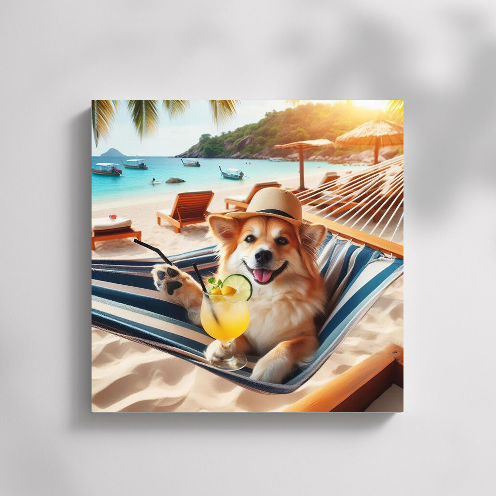 Beach Relax: Dog in a Hammock with a Cocktail