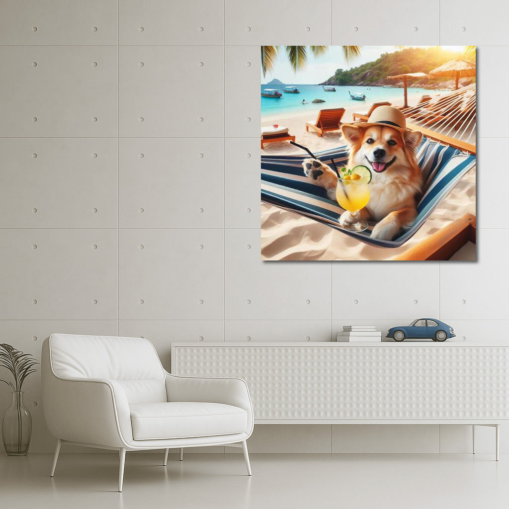 Beach Relax: Dog in a Hammock with a Cocktail