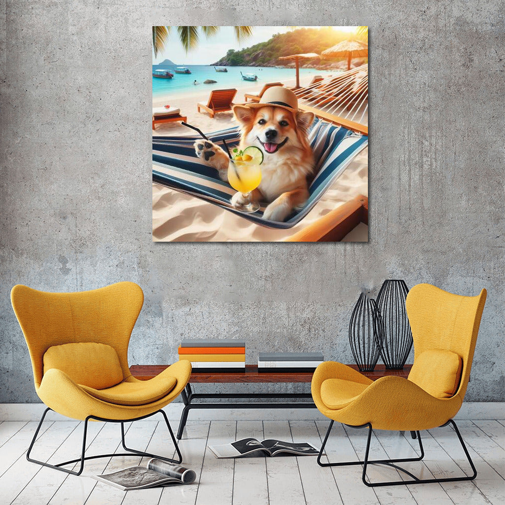 Beach Relax: Dog in a Hammock with a Cocktail