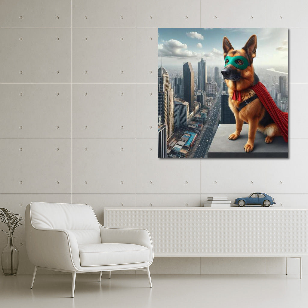 Brave Dog Superhero in Mask and Cape: City Defender