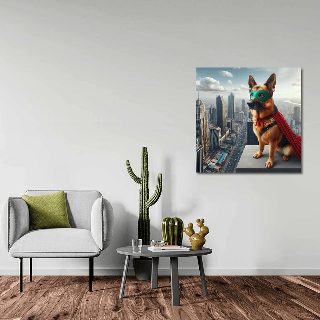 Brave Dog Superhero in Mask and Cape: City Defender