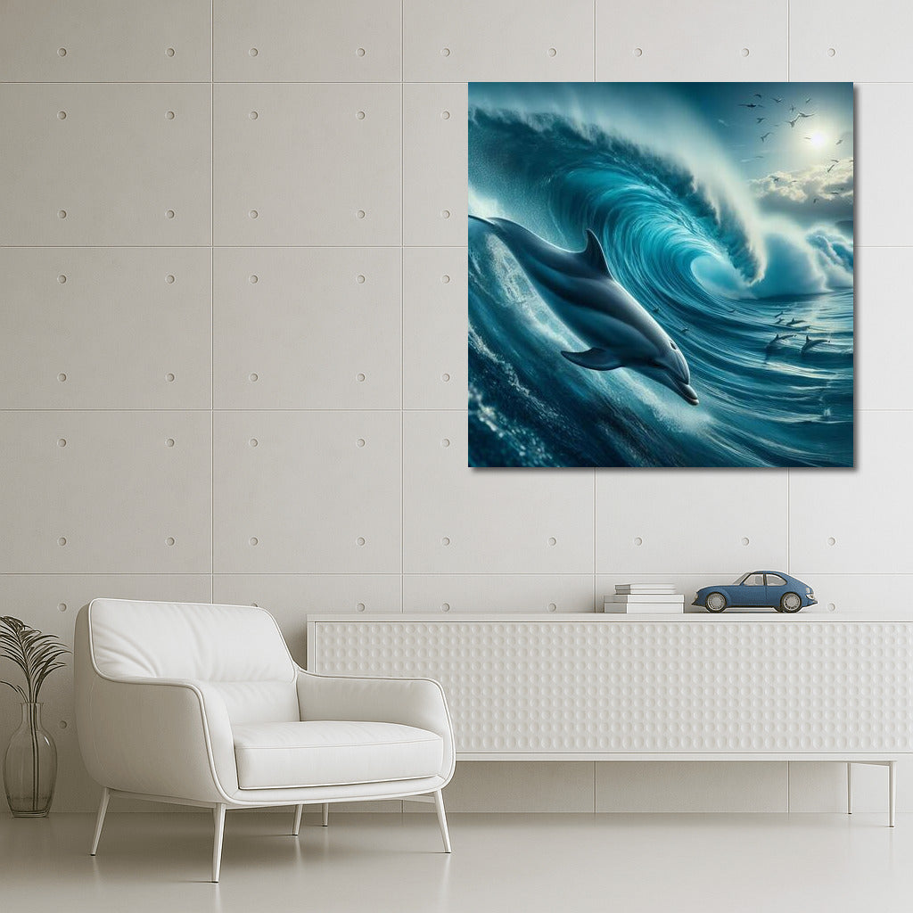Dolphin on the crest of an ocean wave: Journey into the world of fantasy