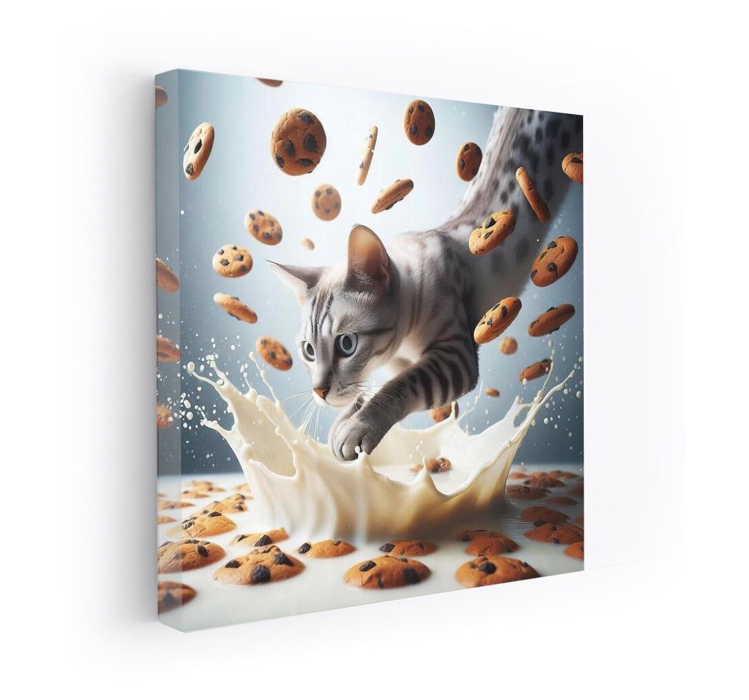 Egyptian Mau in a Milk Vortex with Flying Cookies