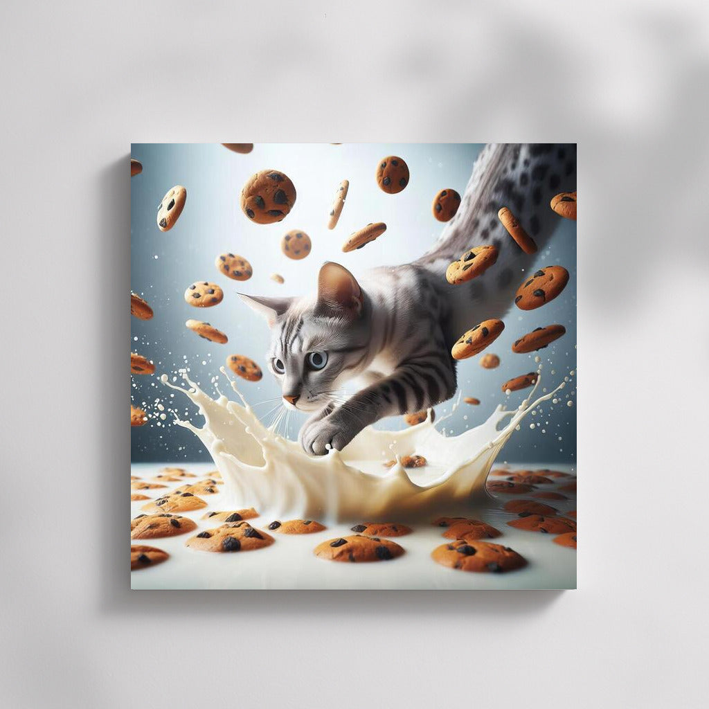 Egyptian Mau in a Milk Vortex with Flying Cookies