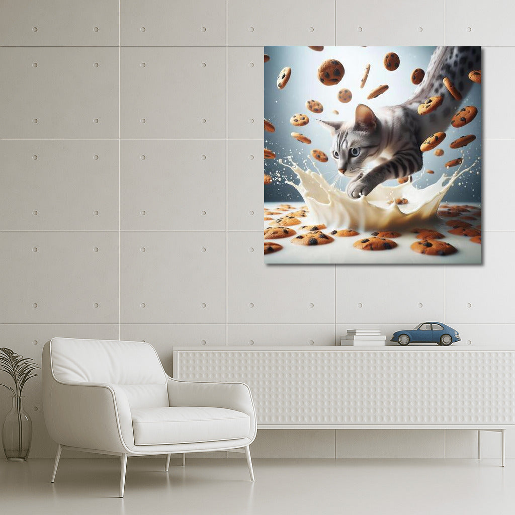 Egyptian Mau in a Milk Vortex with Flying Cookies