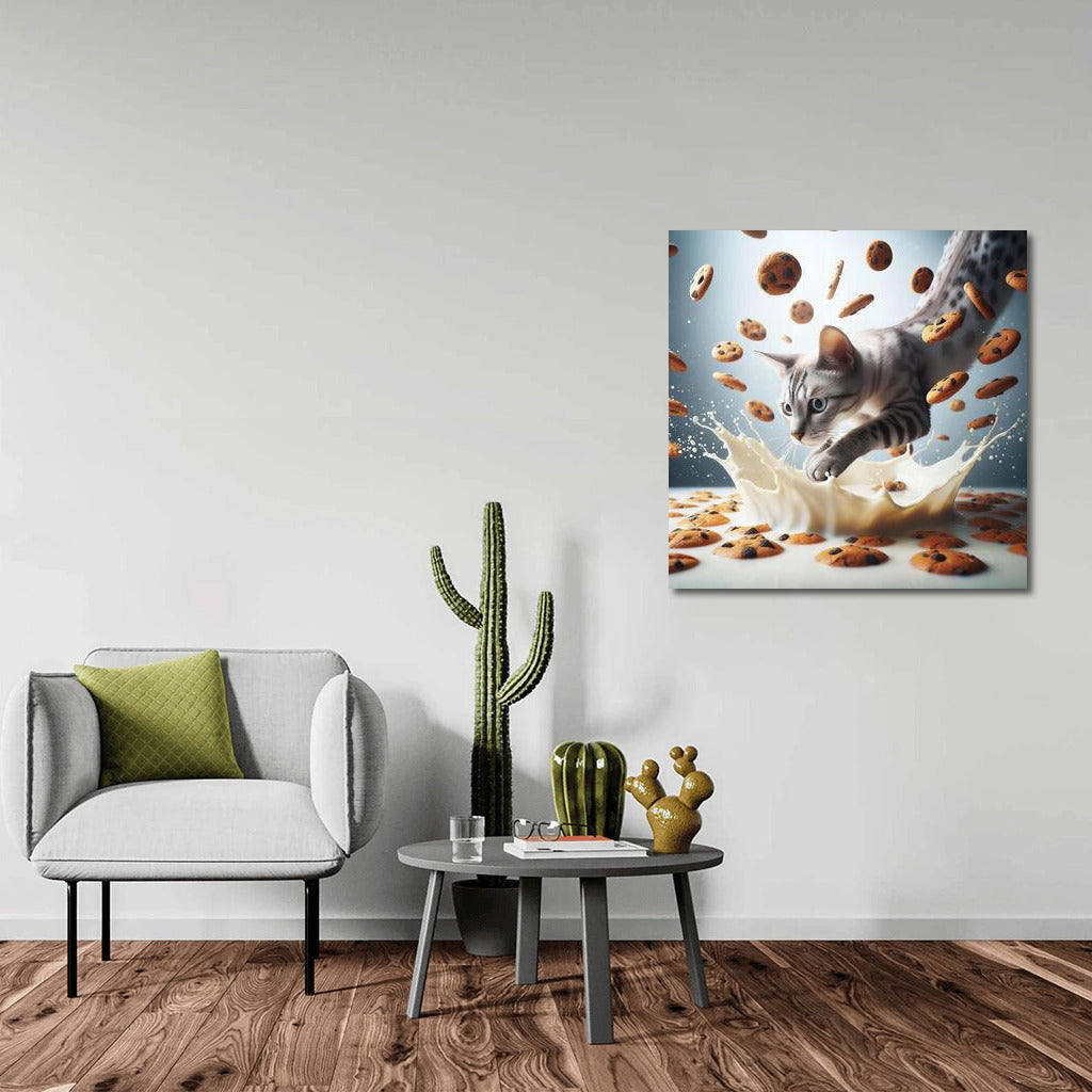 Egyptian Mau in a Milk Vortex with Flying Cookies