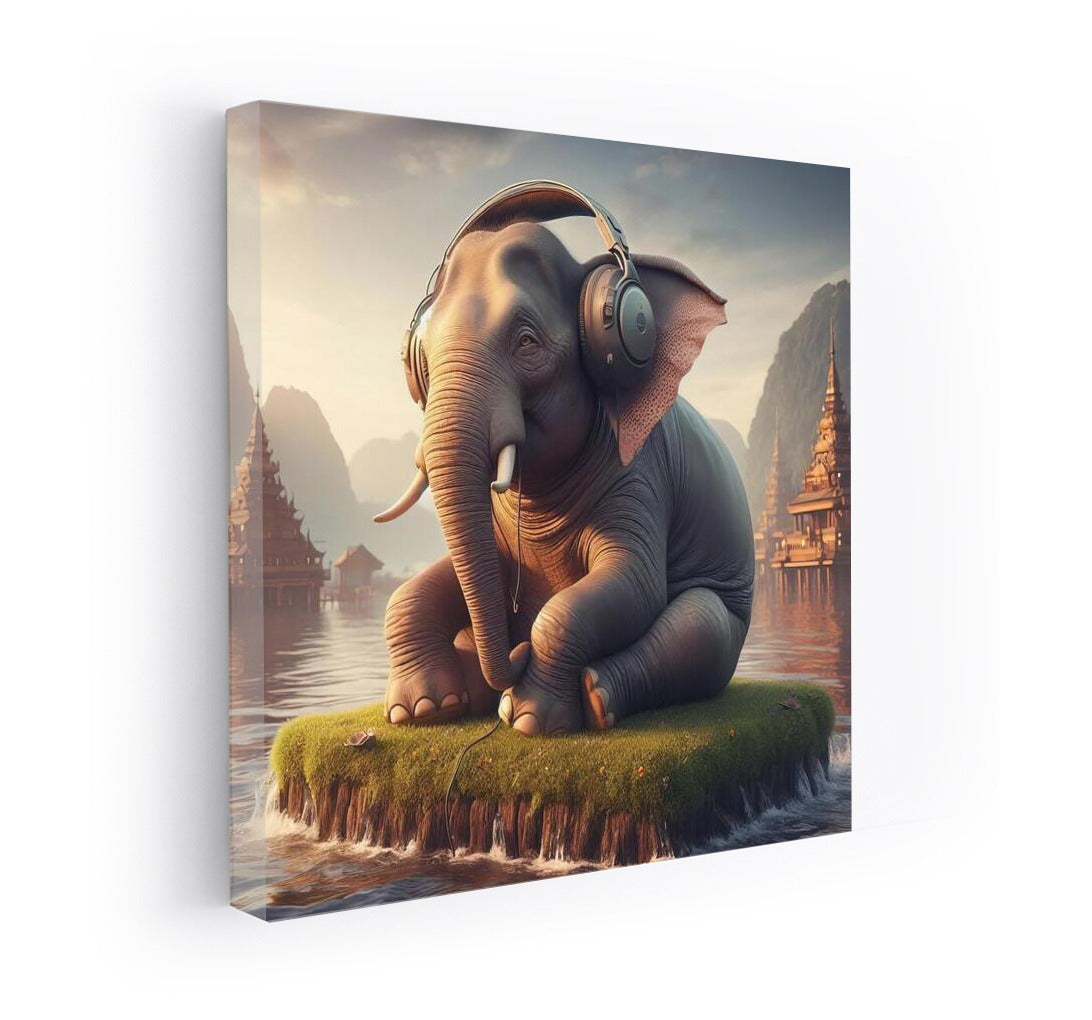 Melodious Elephant with Headphones on the Island of Tranquility