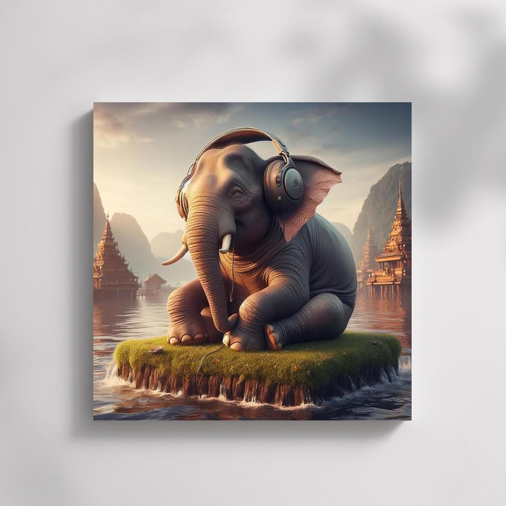 Melodious Elephant with Headphones on the Island of Tranquility
