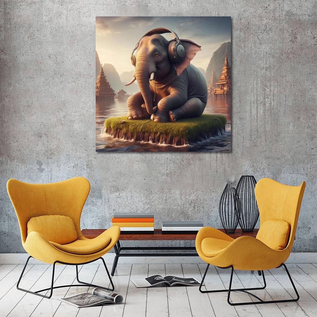 Melodious Elephant with Headphones on the Island of Tranquility