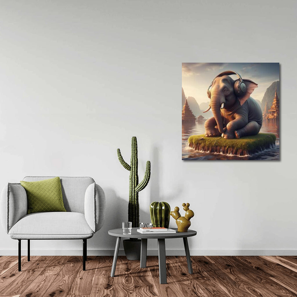 Melodious Elephant with Headphones on the Island of Tranquility