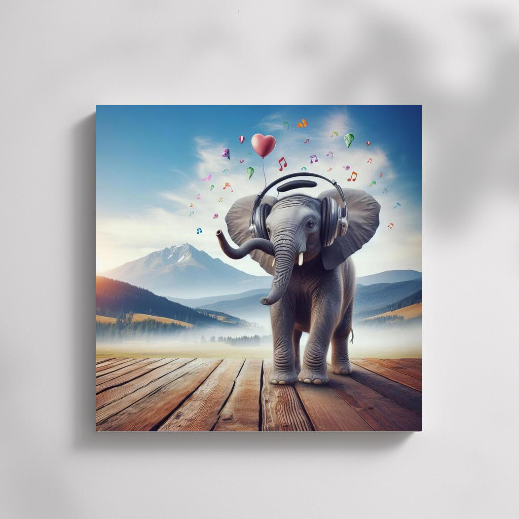 Melodious Elephant in Headphones: Joy and Music on Your Wall