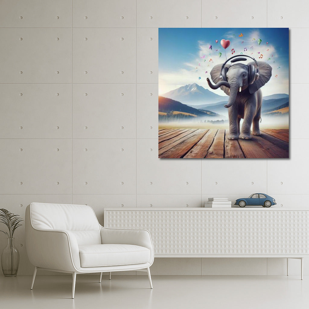 Melodious Elephant in Headphones: Joy and Music on Your Wall