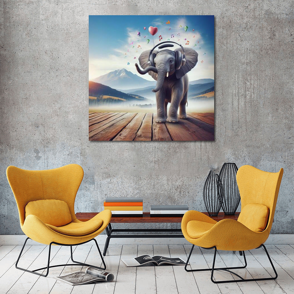Melodious Elephant in Headphones: Joy and Music on Your Wall
