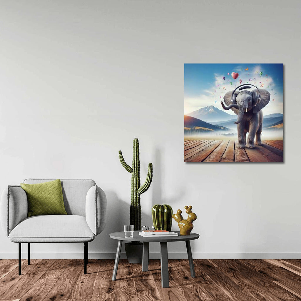 Melodious Elephant in Headphones: Joy and Music on Your Wall