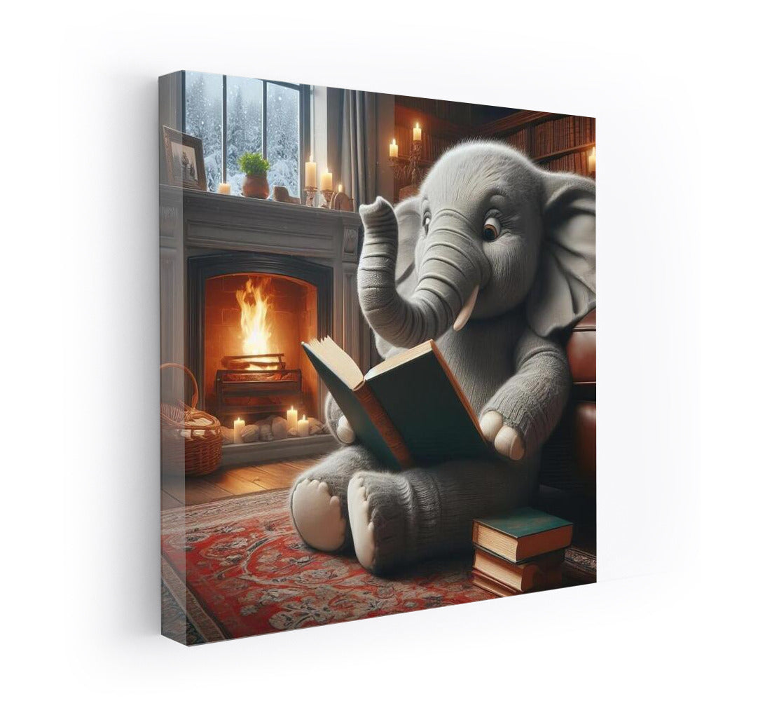 Elephant at the Fireplace Coziness: Reading in the Warmth