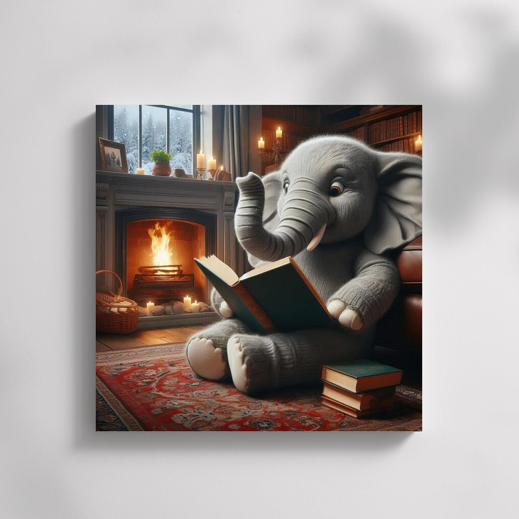 Elephant at the Fireplace Coziness: Reading in the Warmth
