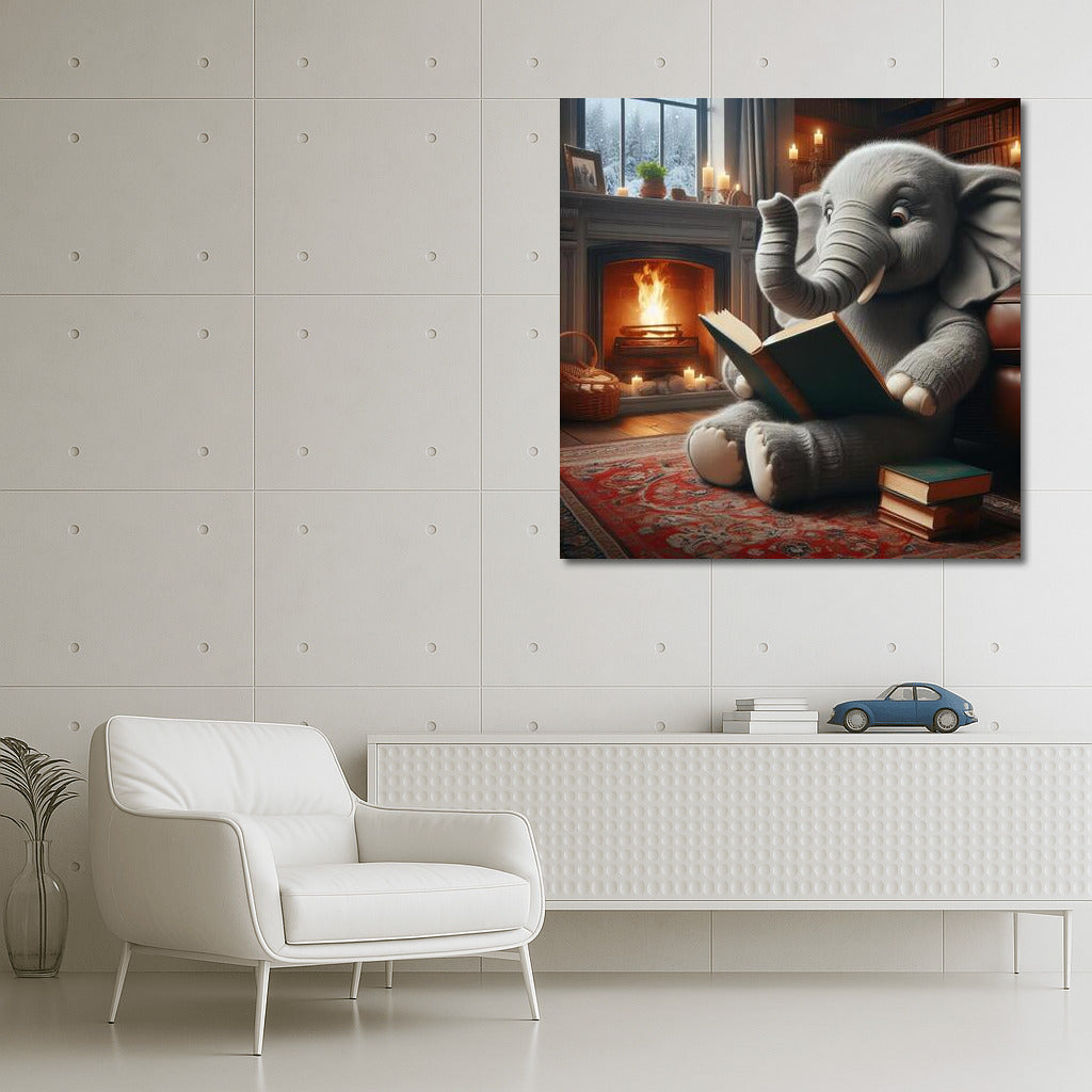 Elephant at the Fireplace Coziness: Reading in the Warmth