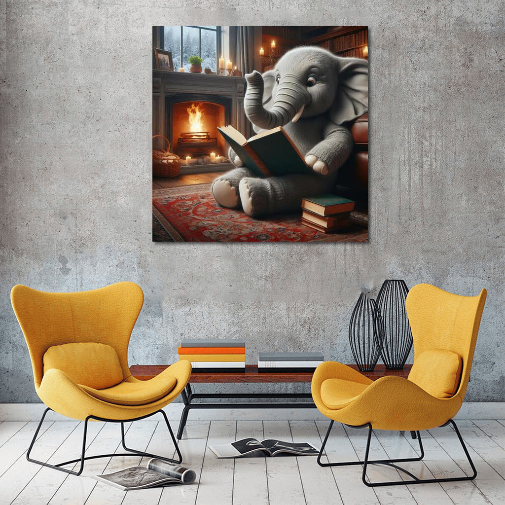 Elephant at the Fireplace Coziness: Reading in the Warmth