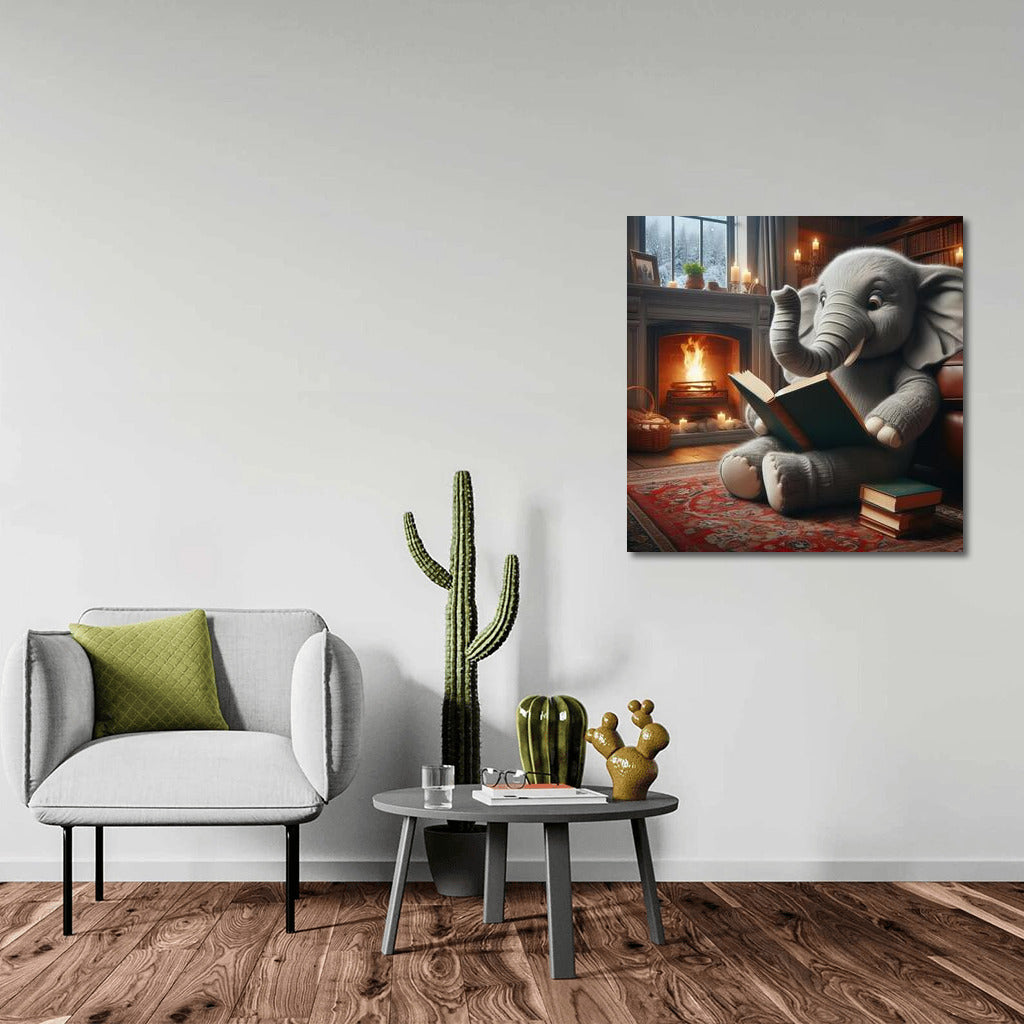 Elephant at the Fireplace Coziness: Reading in the Warmth