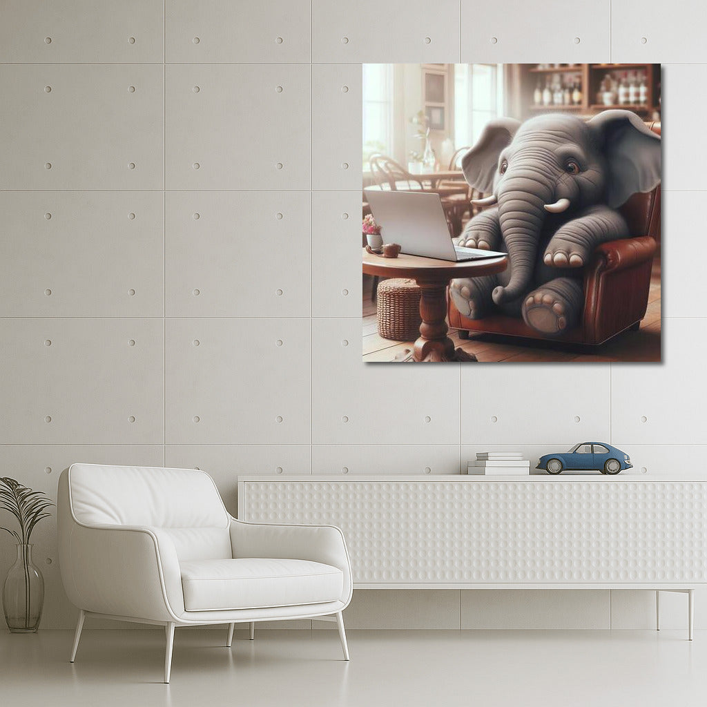 Elephant Dreamer with a Laptop in a Cafe: Absurdity and Comfort in the Interior
