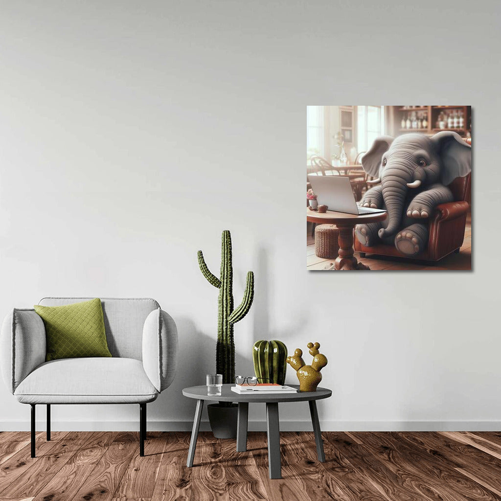 Elephant Dreamer with a Laptop in a Cafe: Absurdity and Comfort in the Interior