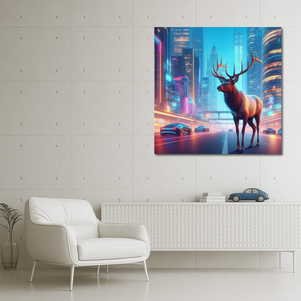 Neon Deer in the City of the Future: Elk Futuristic Cityscape 4