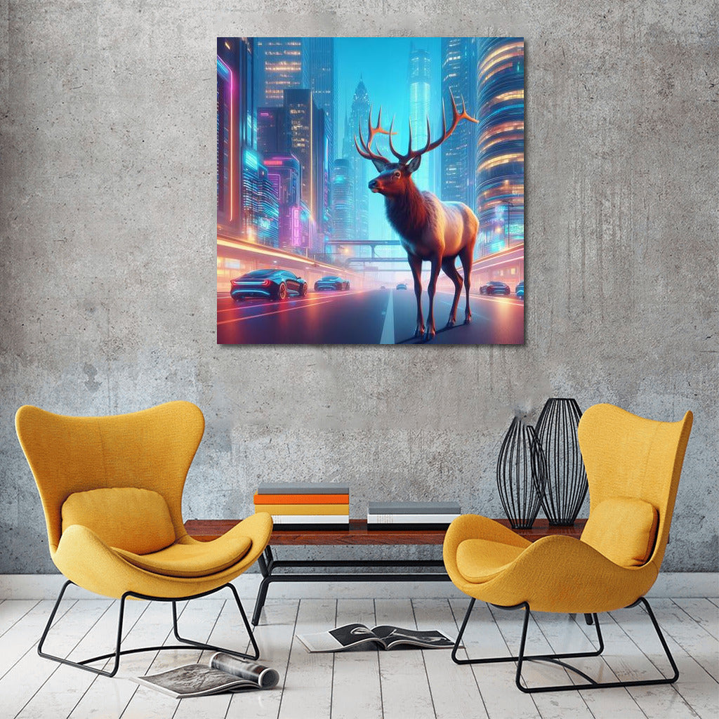 Neon Deer in the City of the Future: Elk Futuristic Cityscape 4