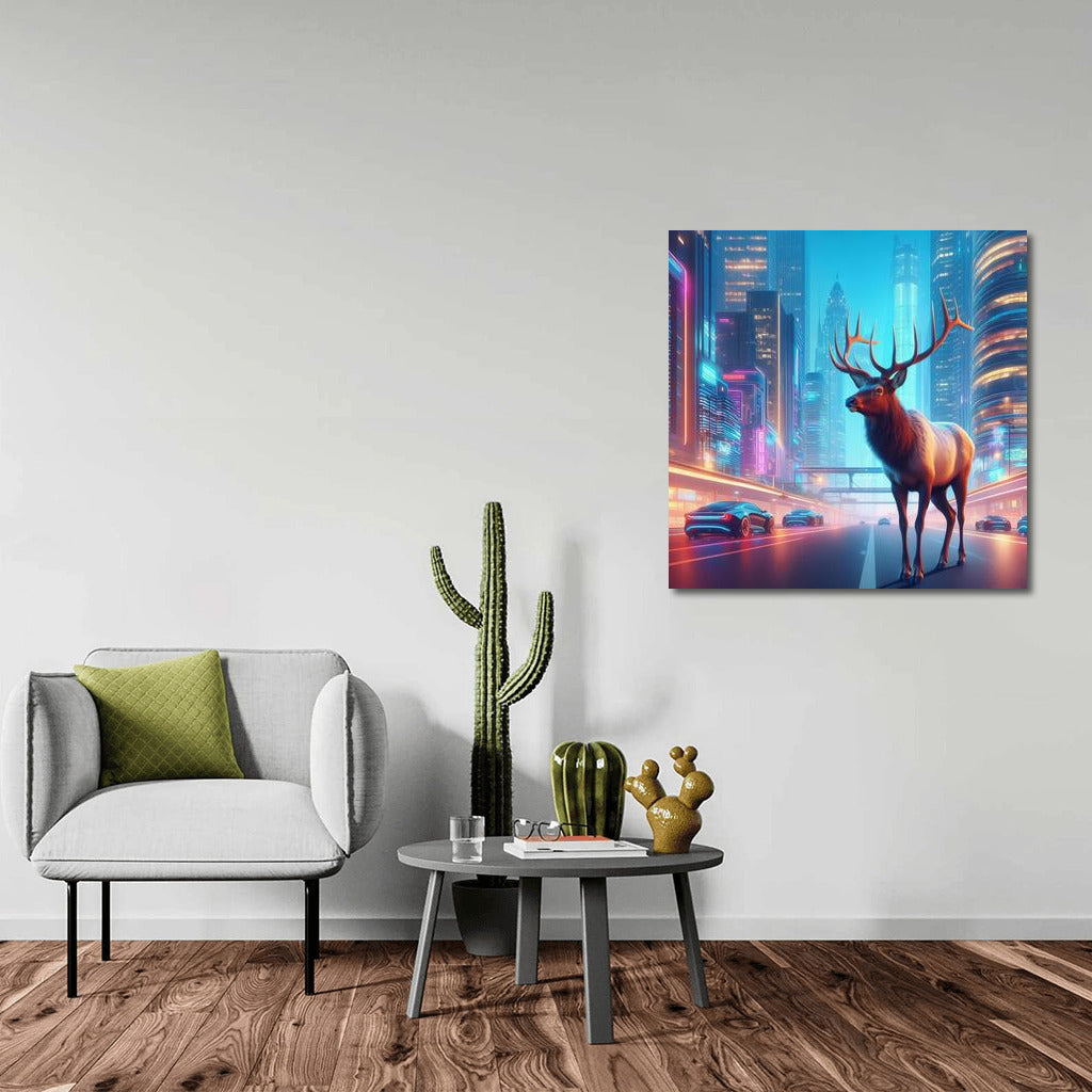 Neon Deer in the City of the Future: Elk Futuristic Cityscape 4