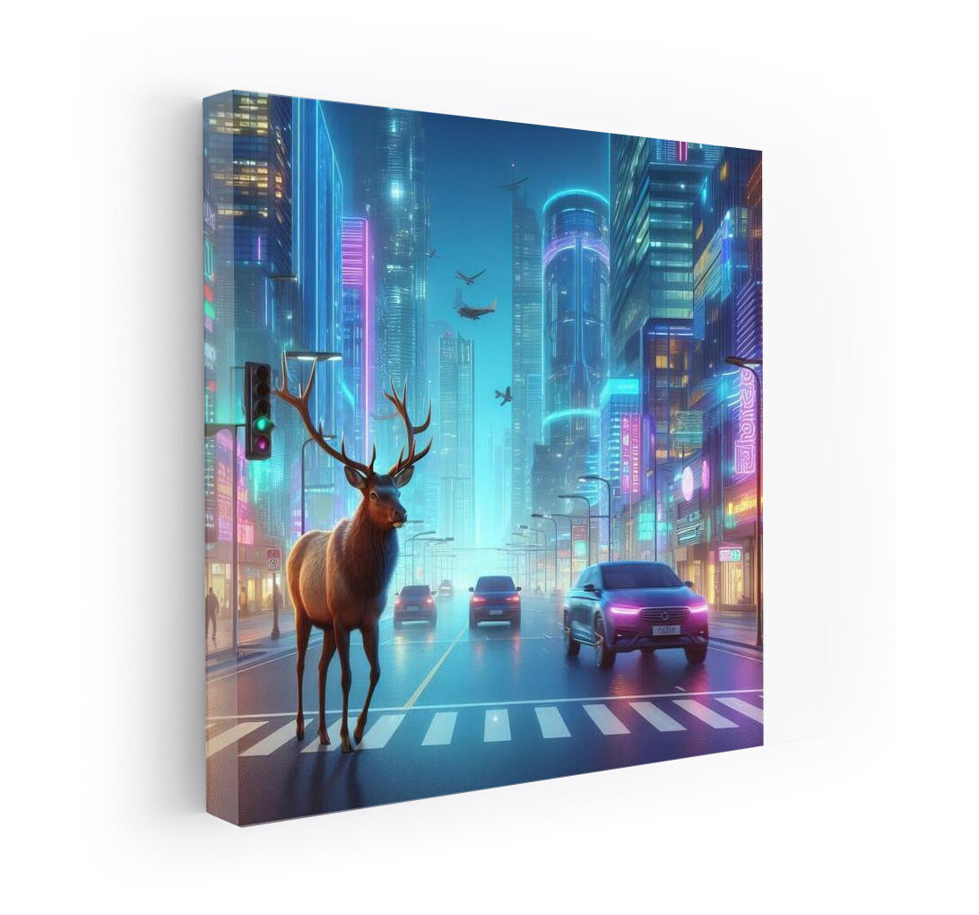 Neon Moose in Futuristic City: Live Street Scene