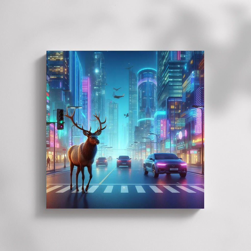 Neon Moose in Futuristic City: Live Street Scene